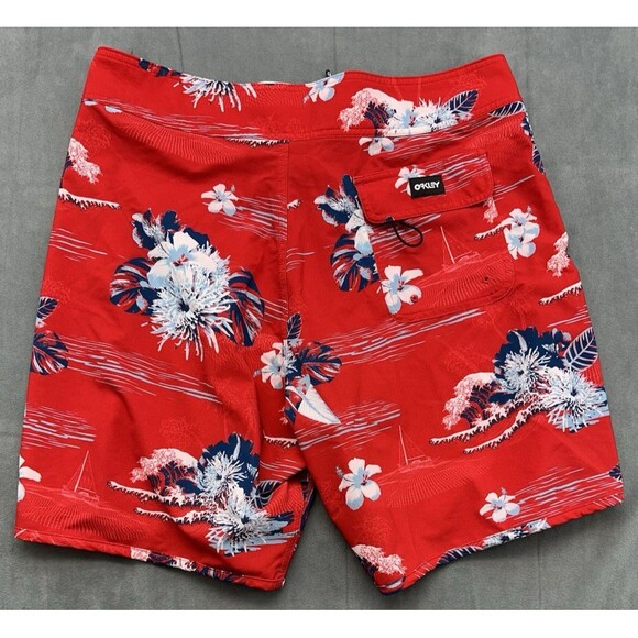 Oakley Tropical Bloom Men's 33 x 7 Swim Board Shorts Red Multicolor Thin Lace Up - Picture 2 of 13